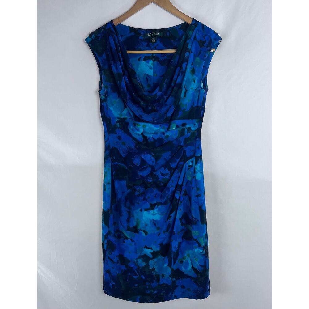 Ralph‎ Lauren Womens 10 Blue Floral Cowl Drape Neck Side Ruched Sleeveless Dress
